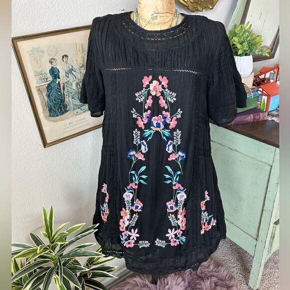 Free People Black Floral Embroidery Perfectly Victorian Boho Dress Sz S As Is - Picture 1 of 16